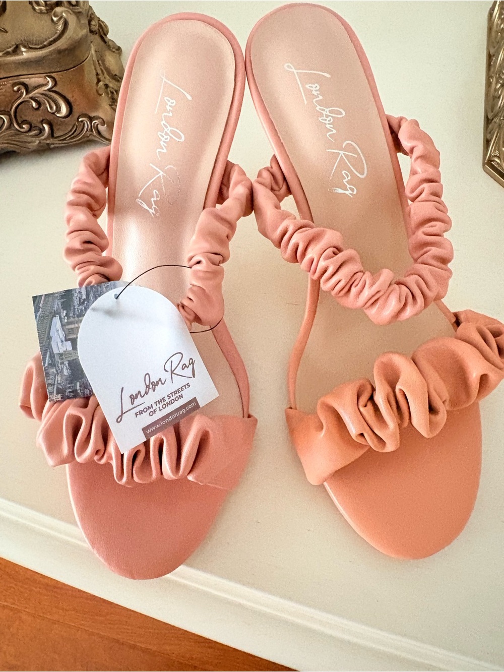 Pink Ruched Strap stretch Women's Sandals stiletto new w tags peach size 5